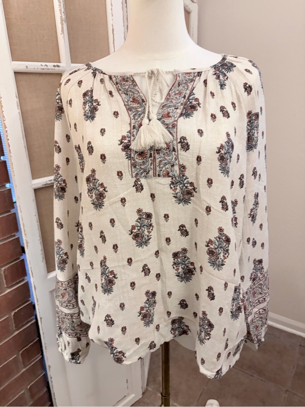 Lucky Brand Floral Print Peasant Blouse Long Sleeve M NWT Boho